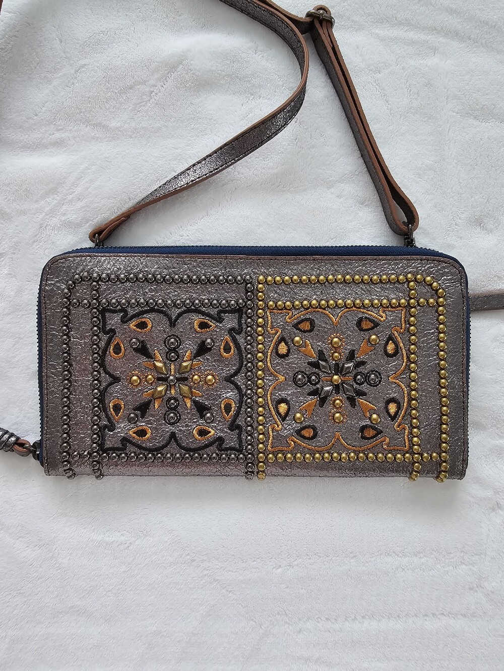 Isabella Fiore Embroidered Studded Leather Wristlet w/ Detachable Shoulder Strap